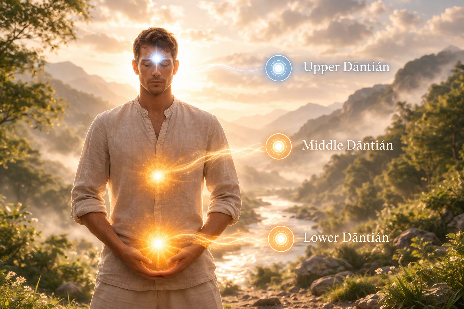 Illustratie van de drie Dantian in het lichaam volgens Qigong
