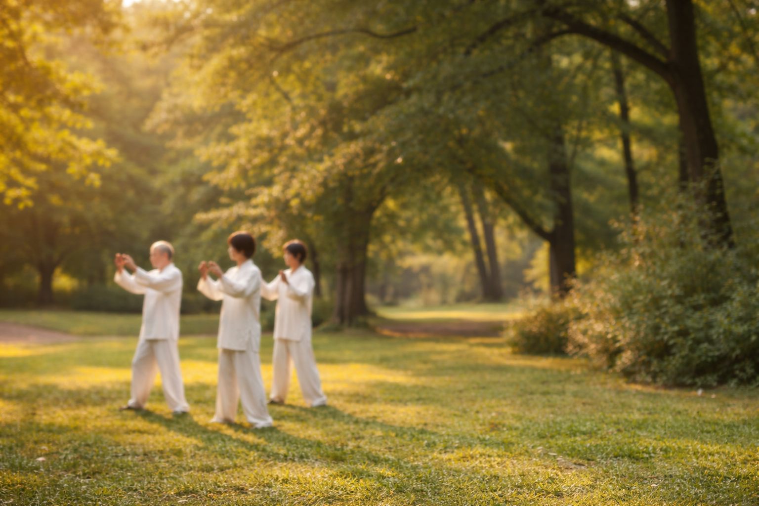 Qigong oefening in rustige natuur met focus op ademhaling en beweging