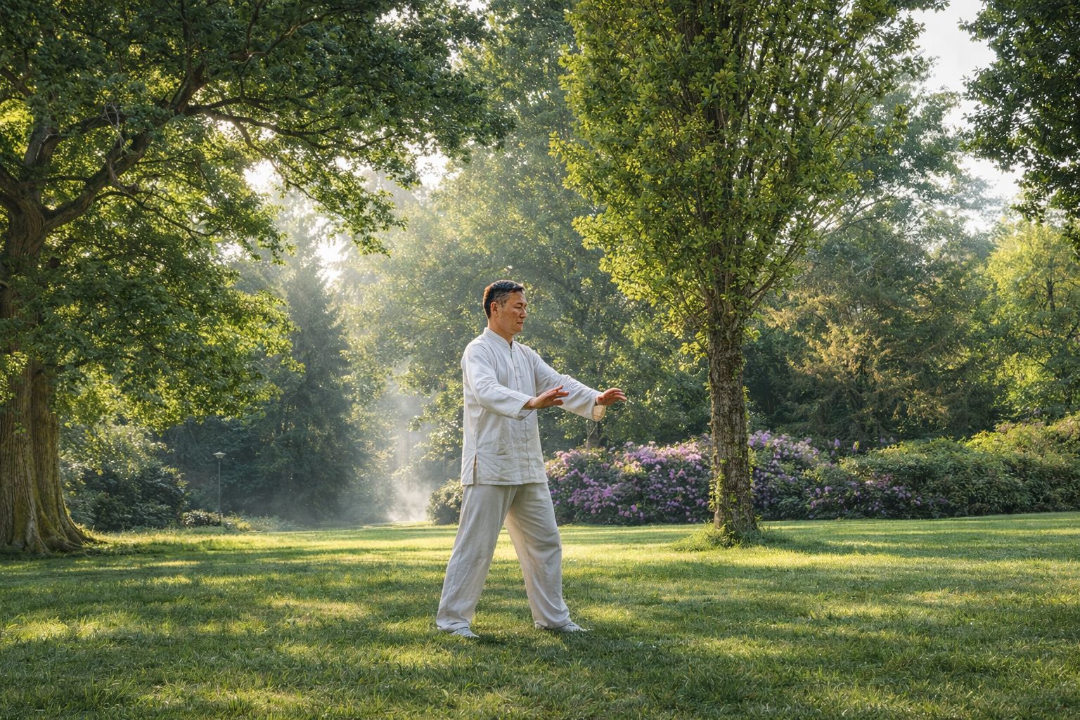 Qigong beoefenaar in rustige houding met focus op ademhaling en energie