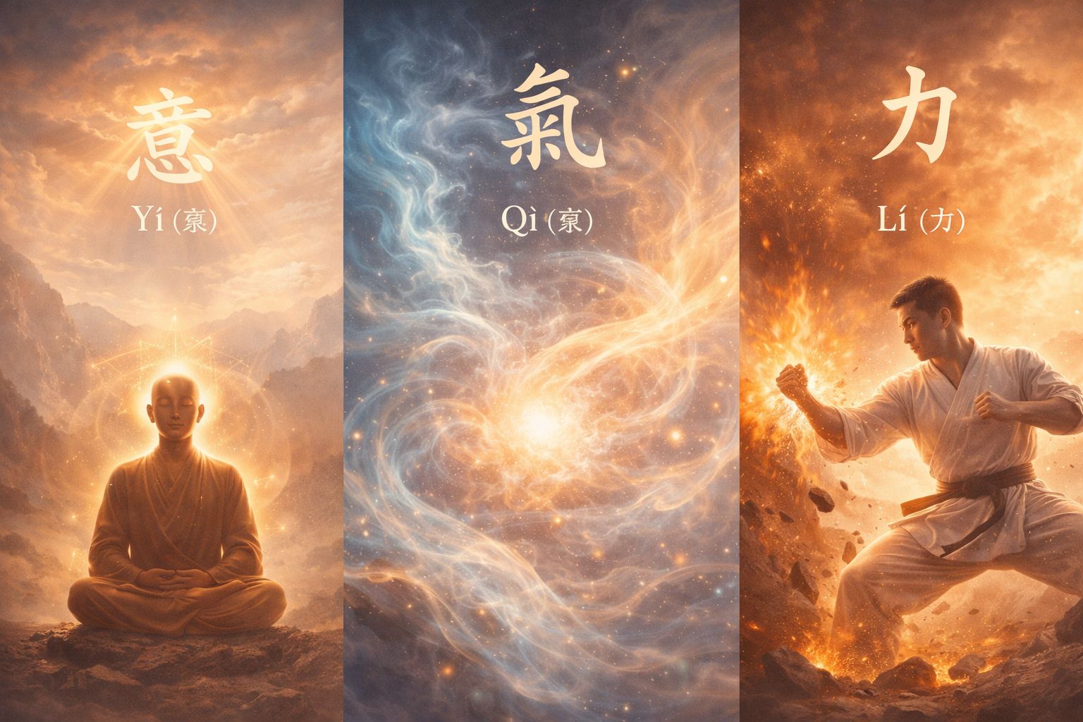 Diagram van de relatie tussen intentie energie en kracht in Chinese bewegingskunsten
